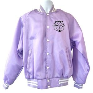 AUBURN VTG 90s Purple Satin Bomber Jacket with Wolf Park Cattle Colorado Print L